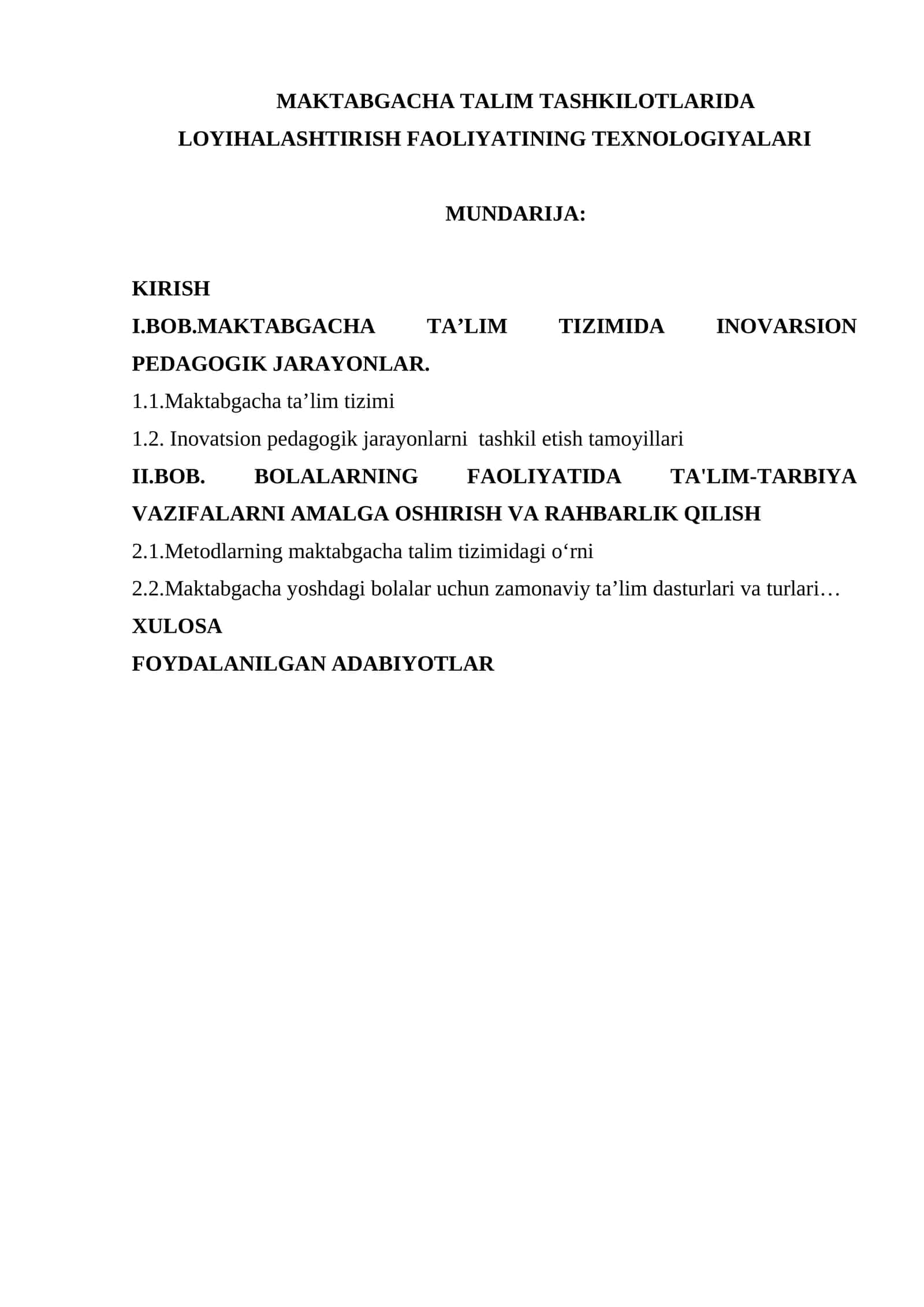 MAKTABGACHA TALIM TASHKILOTLARIDA LOYIHALASHTIRISH FAOLIYATINING TEXNOLOGIYALARI 1