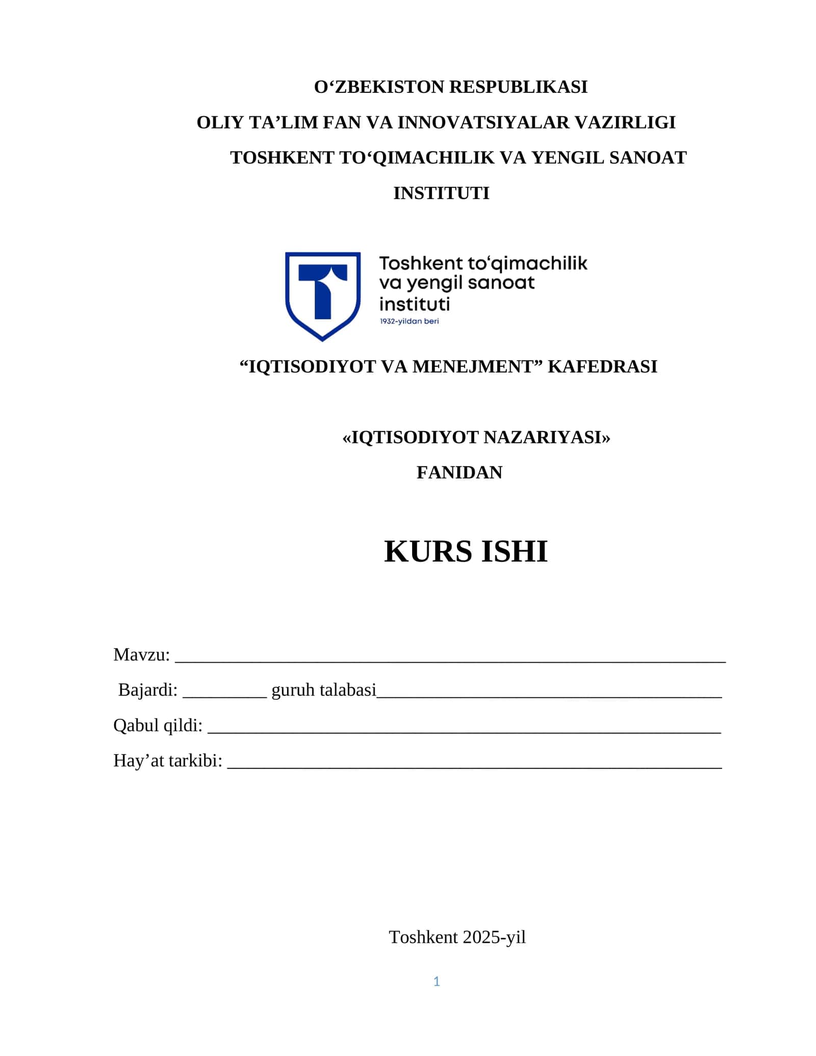 IQTISODIYOT NAZARIYASI KURS ISHI 1