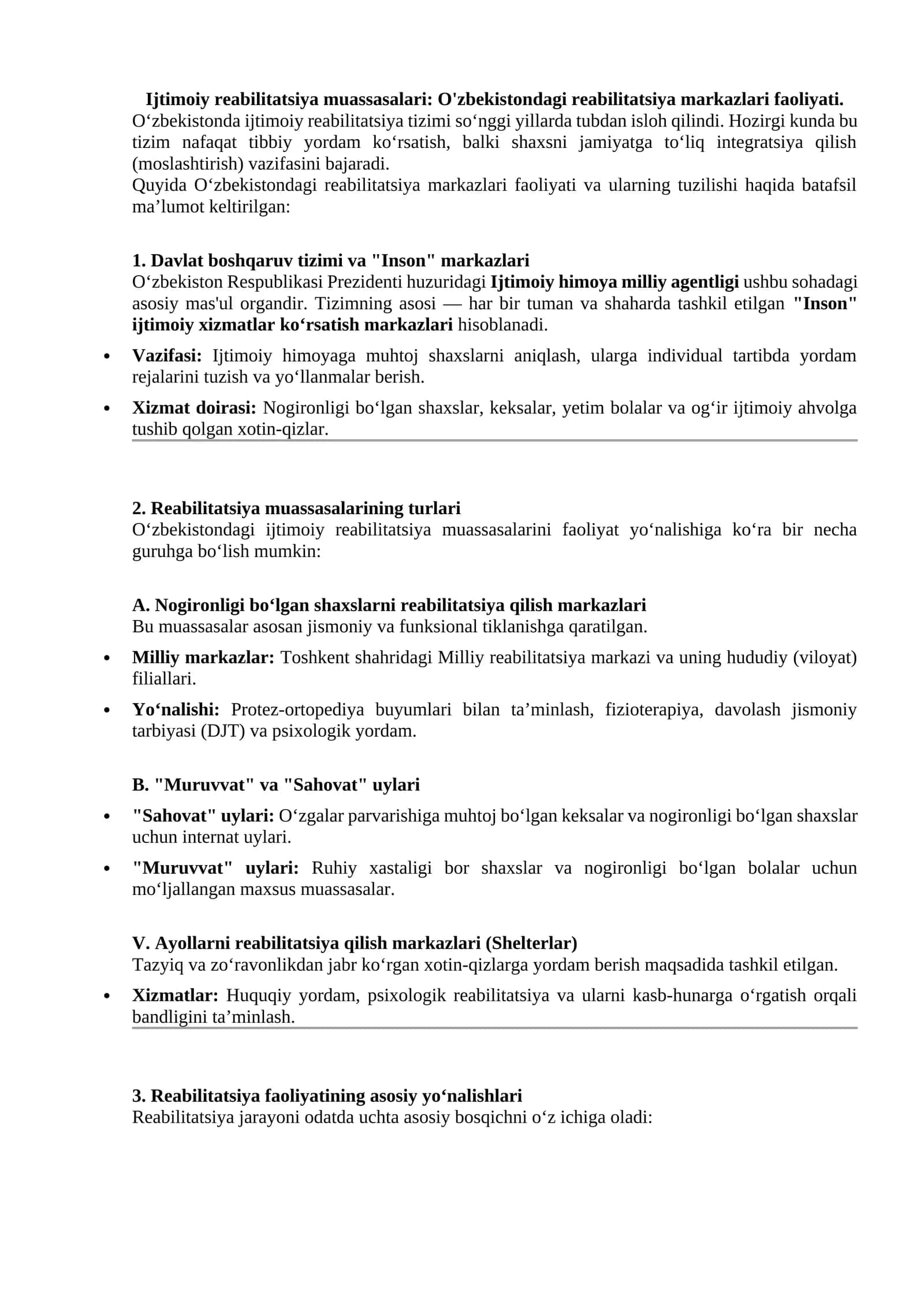 Ijtimoiy reabilitatsiya muassasalari: O'zbekistondagi reabilitatsiya markazlari faoliyati 1