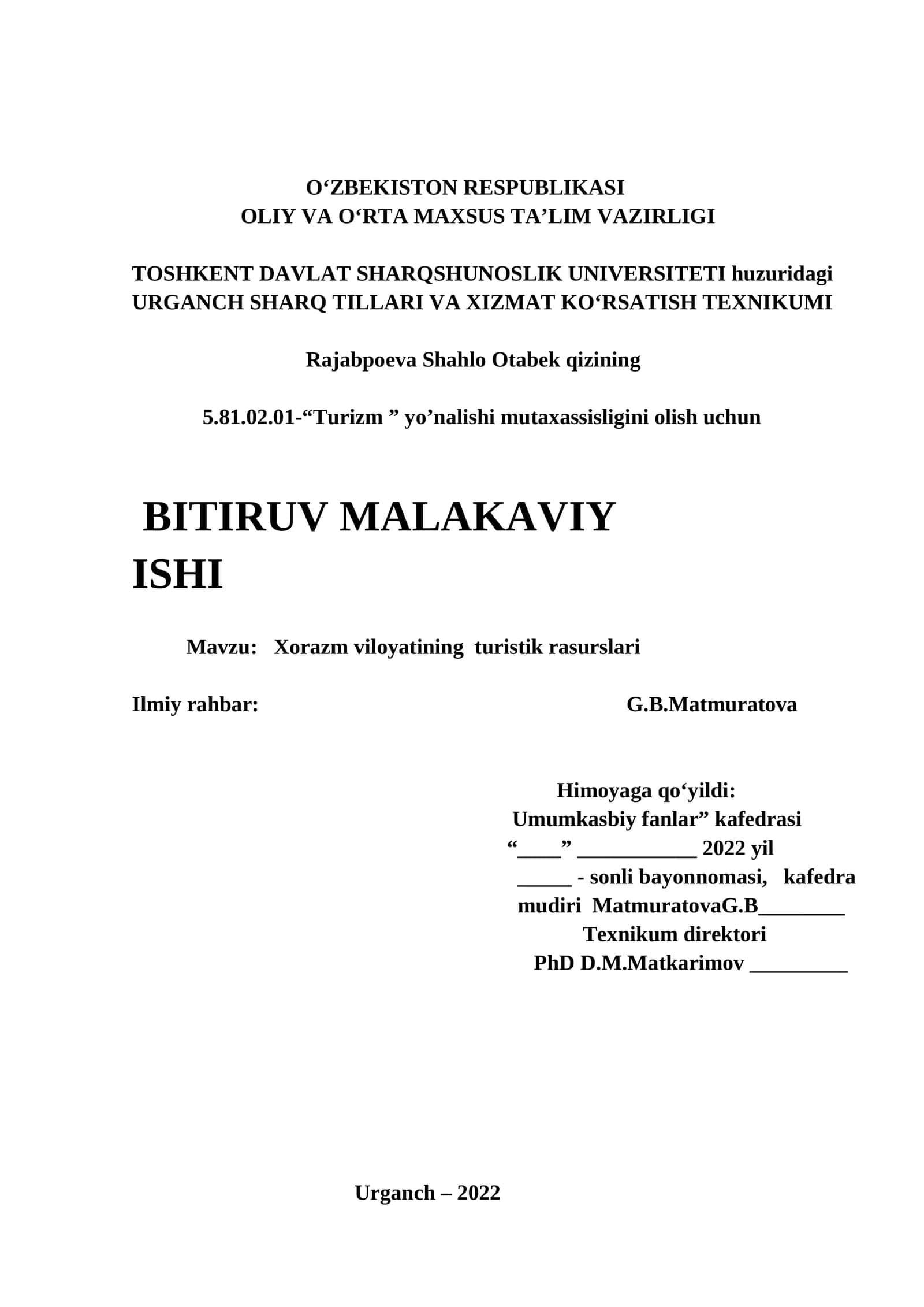 5.81.02.01-“Turizm ” yo’nalishi mutaxassisligini olish uchun BITIRUV MALAKAVIY ISHI 1