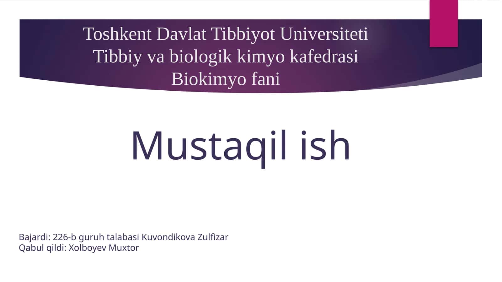 Pankreatit rivojlanishining biokimyoviy asoslari, davolash va diagnostika tamoyillari, ingichka ichakda parchalanish mahsulotlari so’rilishining buzilishi (seliakiya), kron kasalligi va yarali kolit rivojlanishining biokimyoviy asoslari 1