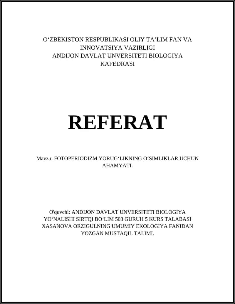 Fotoperiodizmning oʻsimliklar uchun ahamiyati 1