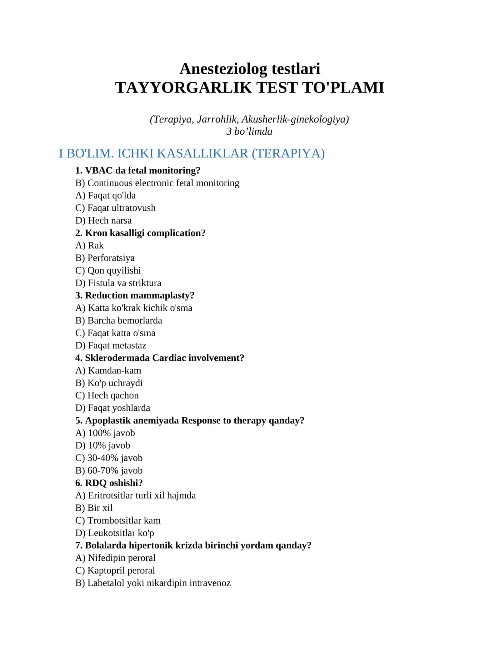 Anesteziolog testlari 1