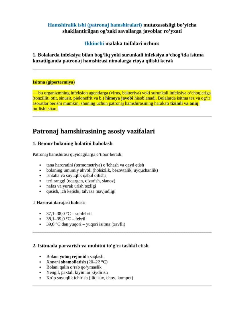 Hamshiralik ishi (patronaj hamshiralari) mutaxassisligi bo’yicha shakllantirilgan og’zaki savollarga javoblar ro’yxati 1
