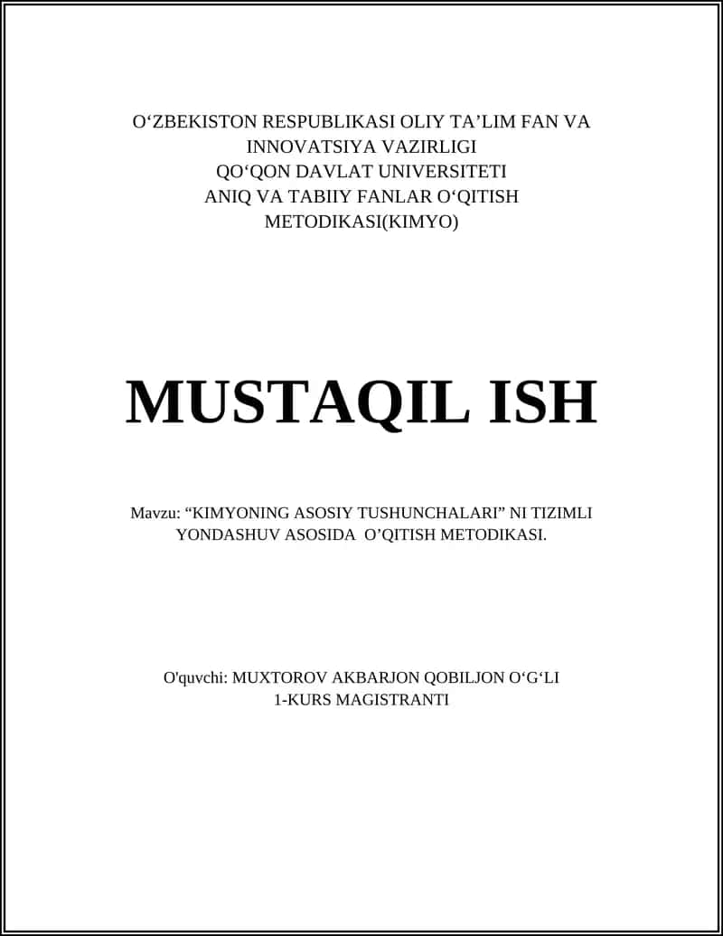 KIMYONING ASOSIY TUSHUNCHALARI NI TIZIMLI YONDASHUV ASOSIDA O’QITISH METODIKASI 1