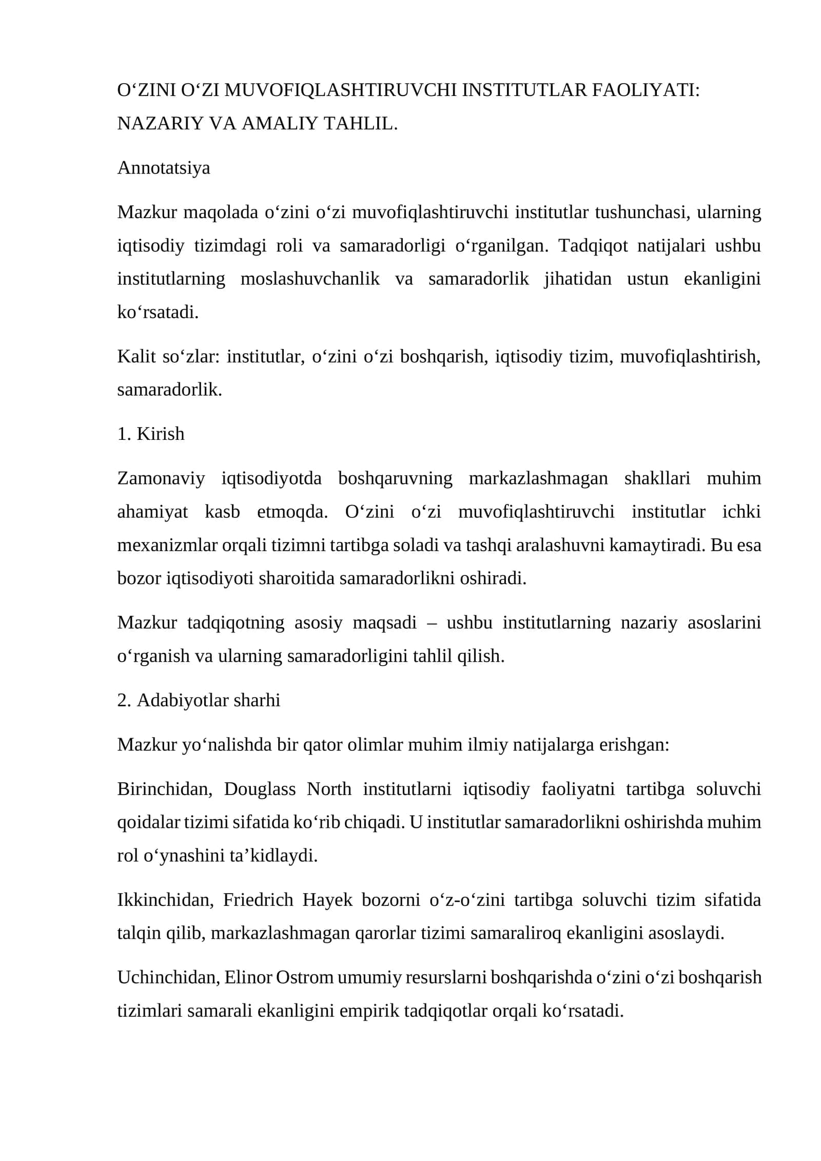 O‘ZINI O‘ZI MUVOFIQLASHTIRUVCHI INSTITUTLAR FAOLIYATI: NAZARIY VA AMALIY TAHLIL 1