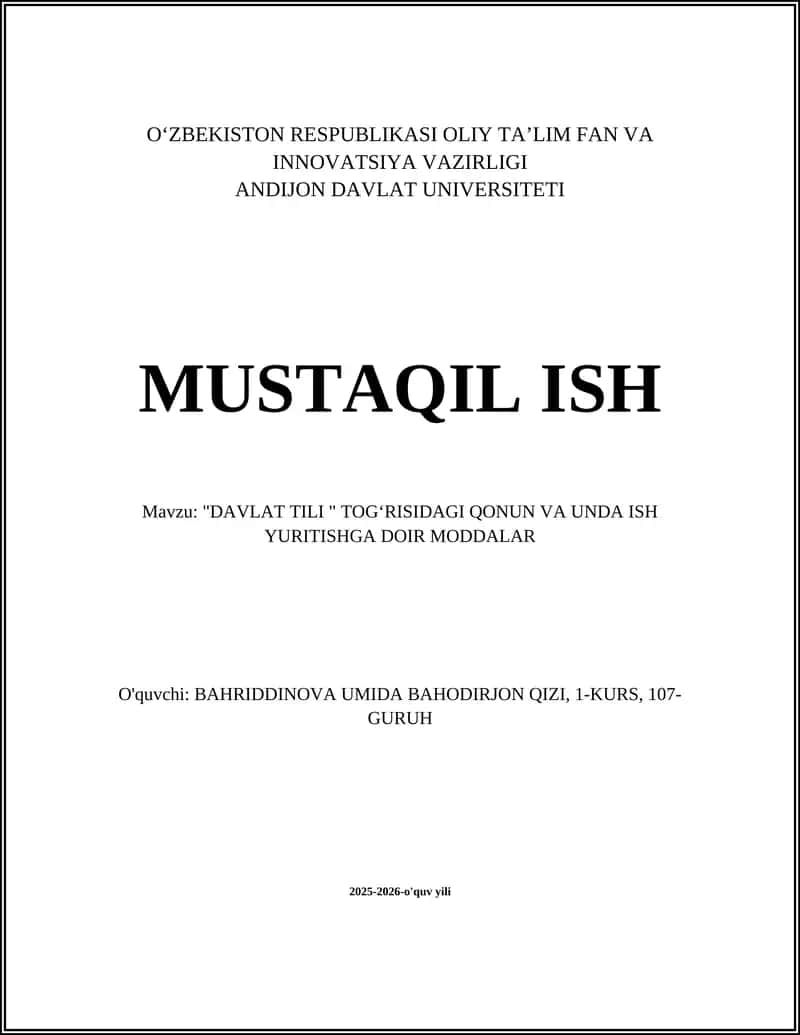 "DAVLAT TILI " TOGʻRISIDAGI QONUN VA UNDA ISH YURITISHGA DOIR MODDALAR" 1