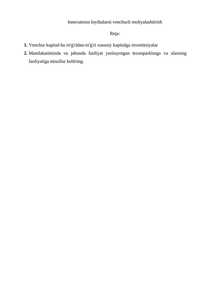 Innovatsion loyihalarni venchurli moliyalashtirish 1