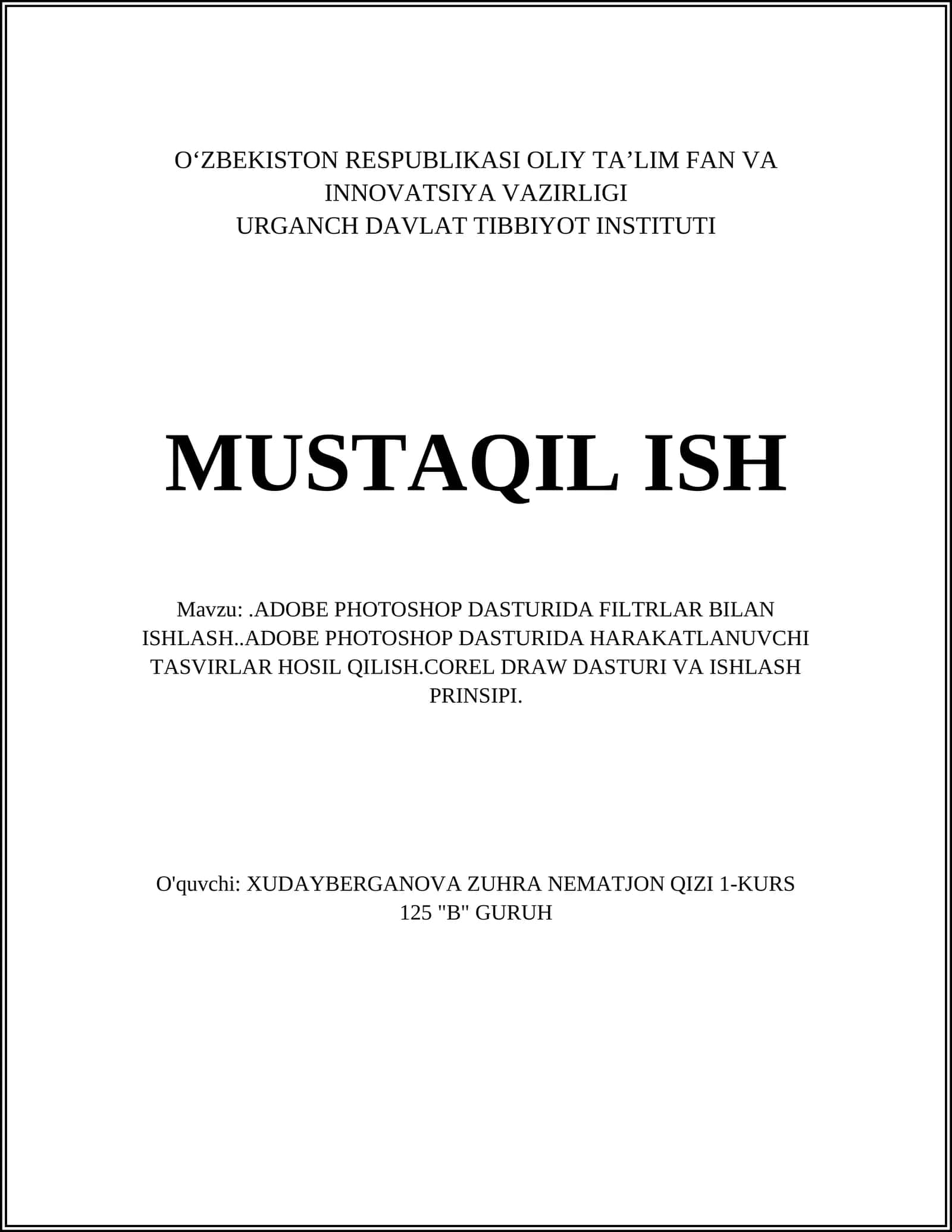 ADOBE PHOTOSHOP DASTURIDA FILTRLAR BILAN ISHLASH 1