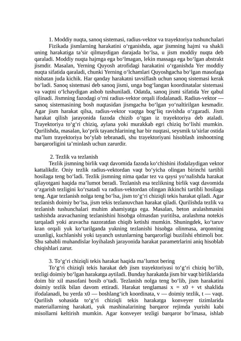 Moddiy nuqta, sanoq sistemasi, radius-vektor va trayektoriya tushunchalari 1