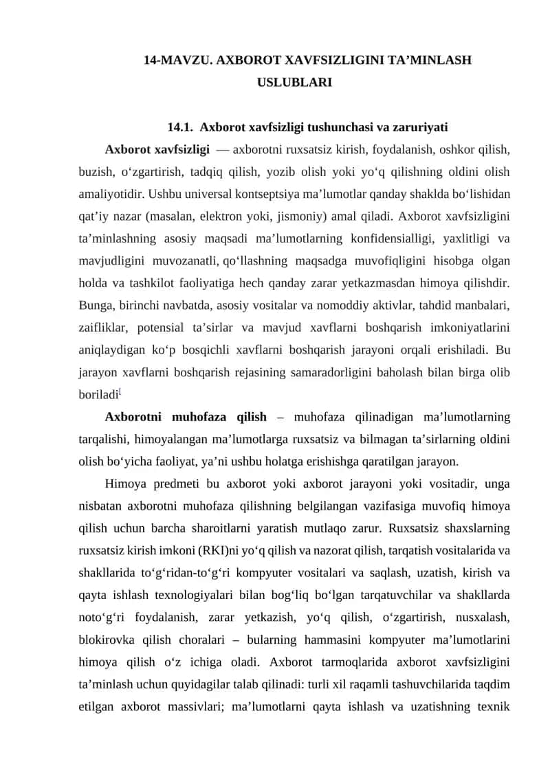 Axborot Xavfsizligini Ta’minlash Usullari 1
