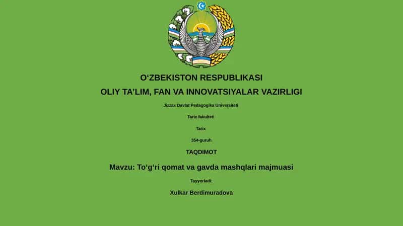 Toʻgʻri qomat va gavda mashqlari majmuasi 1