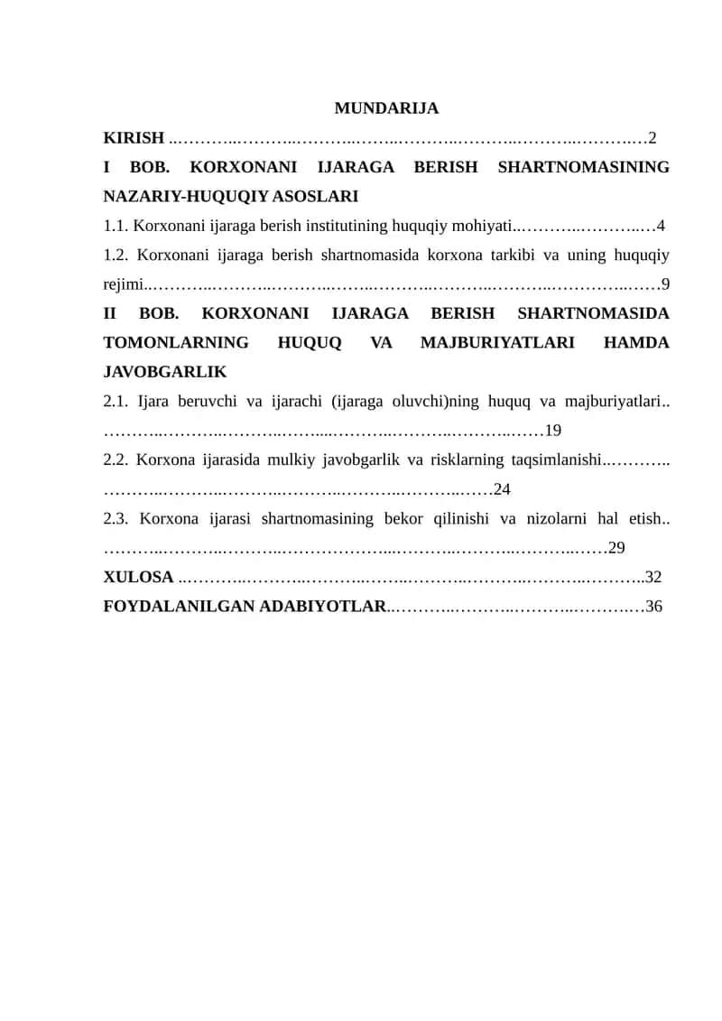 KORXONANI IJARAGA BERISH SHARTNOMASINING FUQAROLIK HUQUQIY XUSUSIYATLARI 1