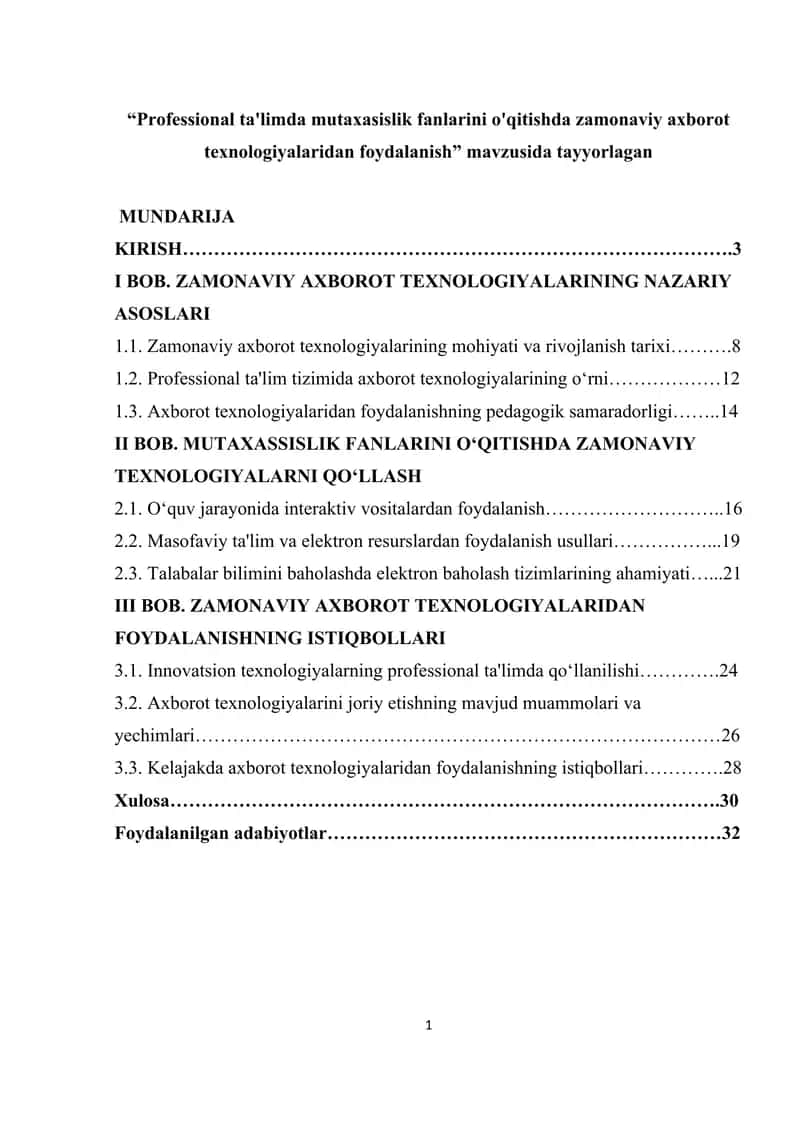 “Professional ta'limda mutaxasislik fanlarini o'qitishda zamonaviy axborot texnologiyalaridan foydalanish” mavzusida tayyorlagan 1
