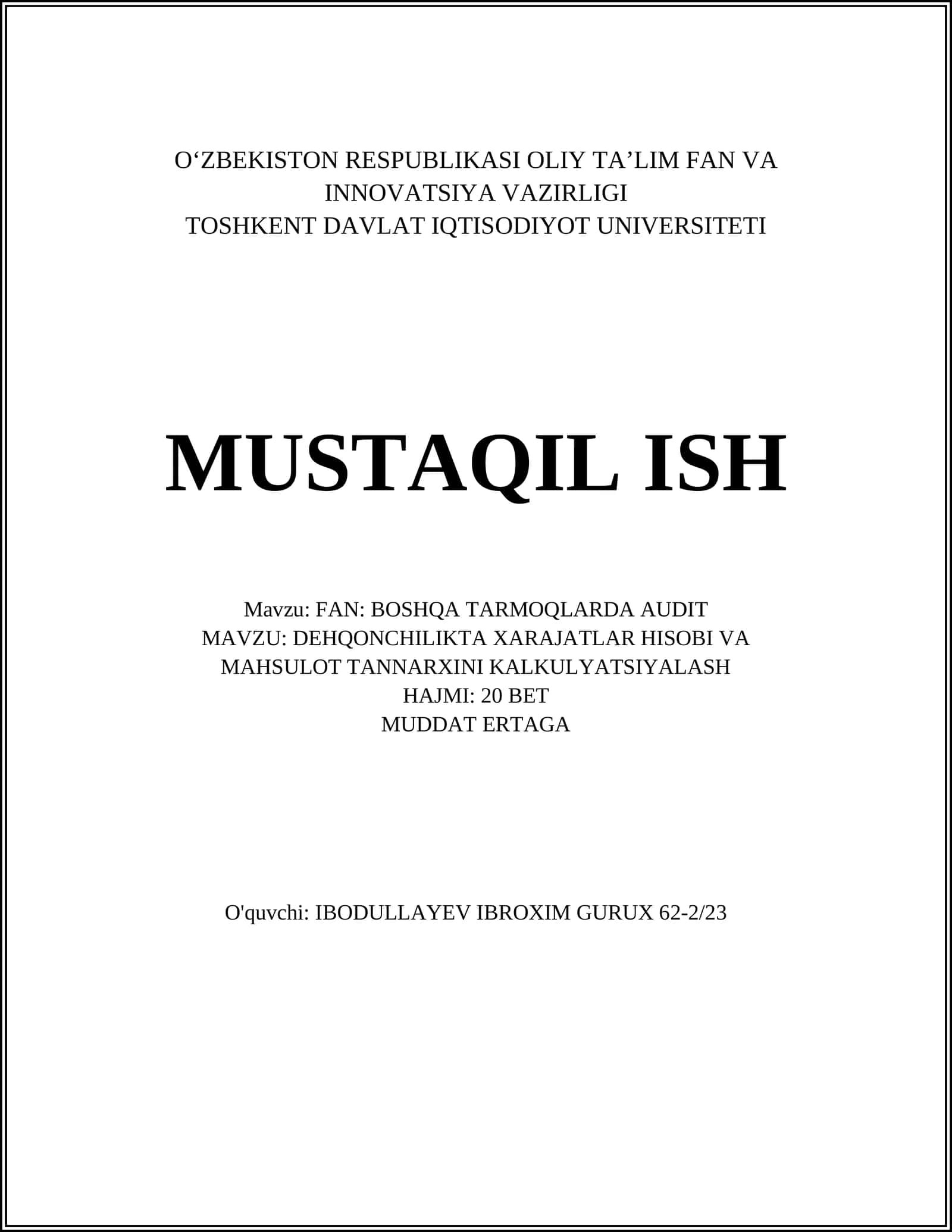 DEHQONCHILIKTA XARAJATLAR HISOBI VA MAHSULOT TANNARXINI KALKULYATSIYALASH 1