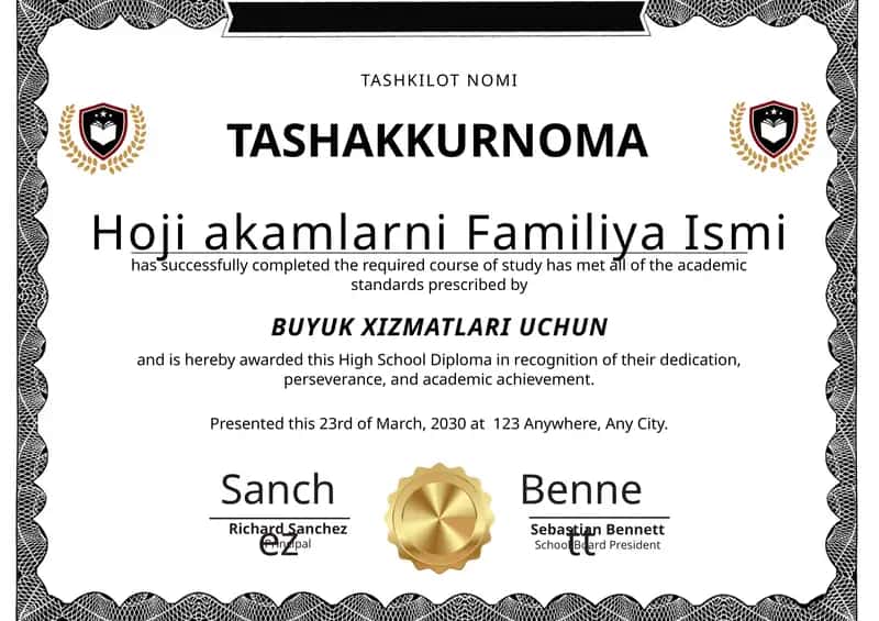 Tashakkurnoma shablon tayyori andoza 1