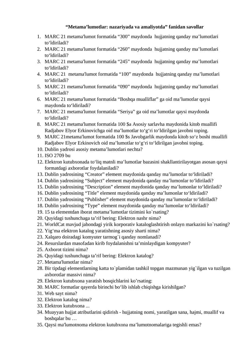 Metama’lumotlar: nazariyada va amaliyotda fanidan savollar 1