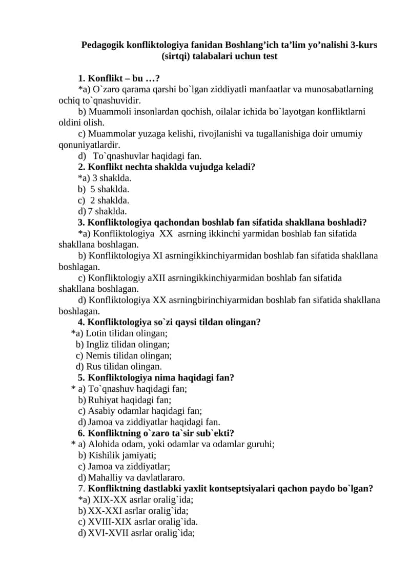 Pedagogik konfliktologiya fanidan Boshlang’ich ta’lim yo’nalishi 3-kurs (sirtqi) talabalari uchun test 1