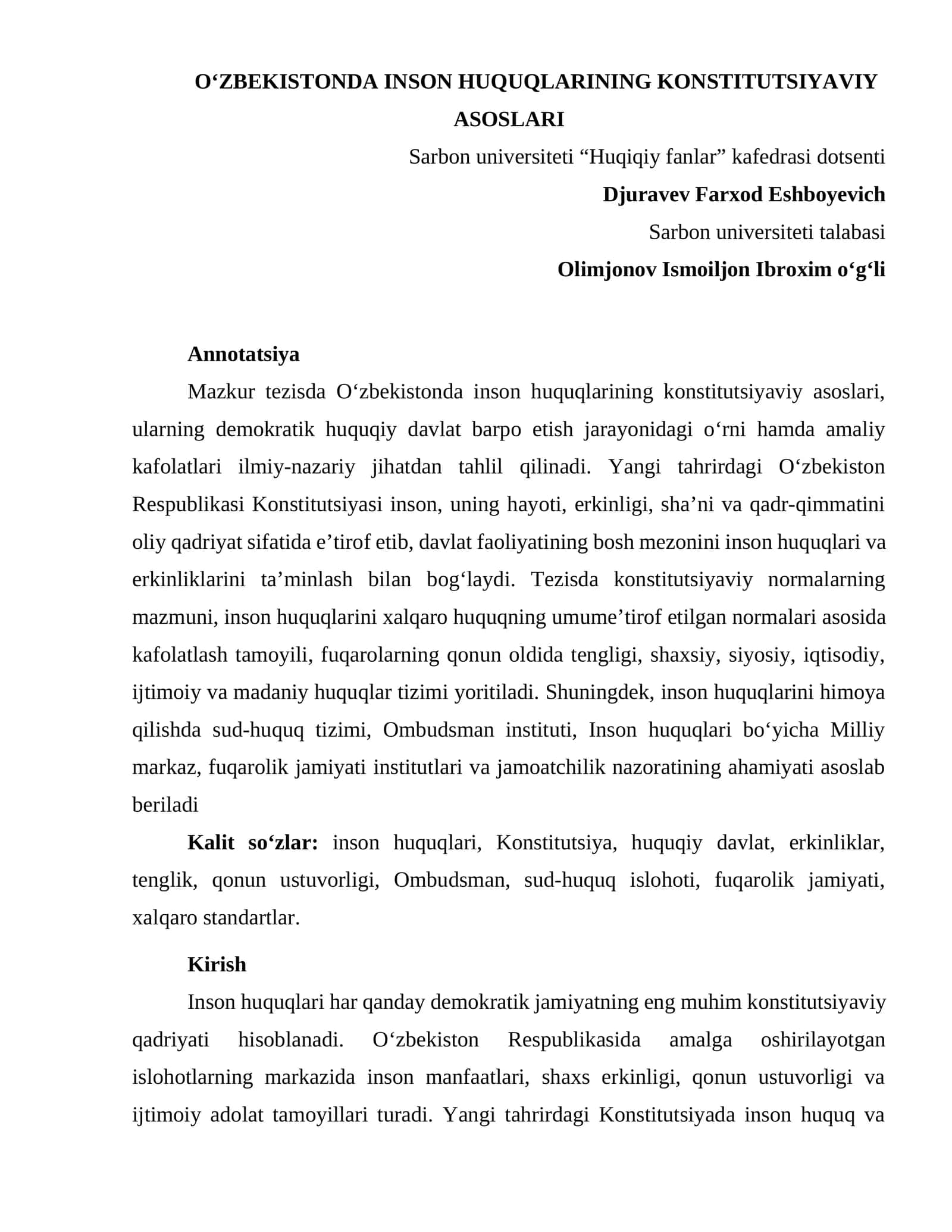 O‘ZBEKISTONDA INSON HUQUQLARINING KONSTITUTSIYAVIY ASOSLARI 1
