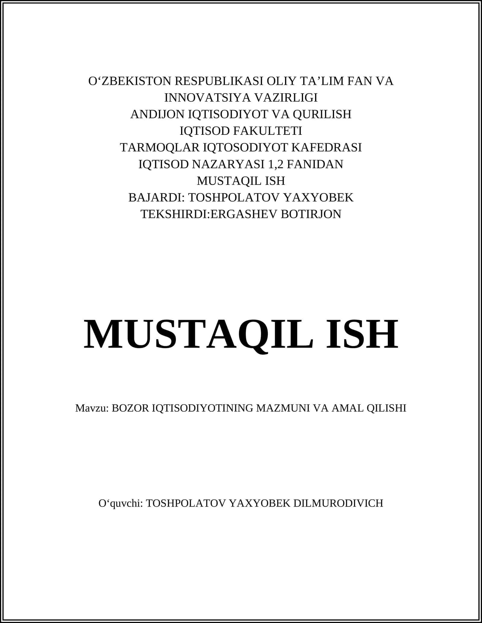 BOZOR IQTISODIOTINING MAZMUNI VA AMAL QILISHI 1