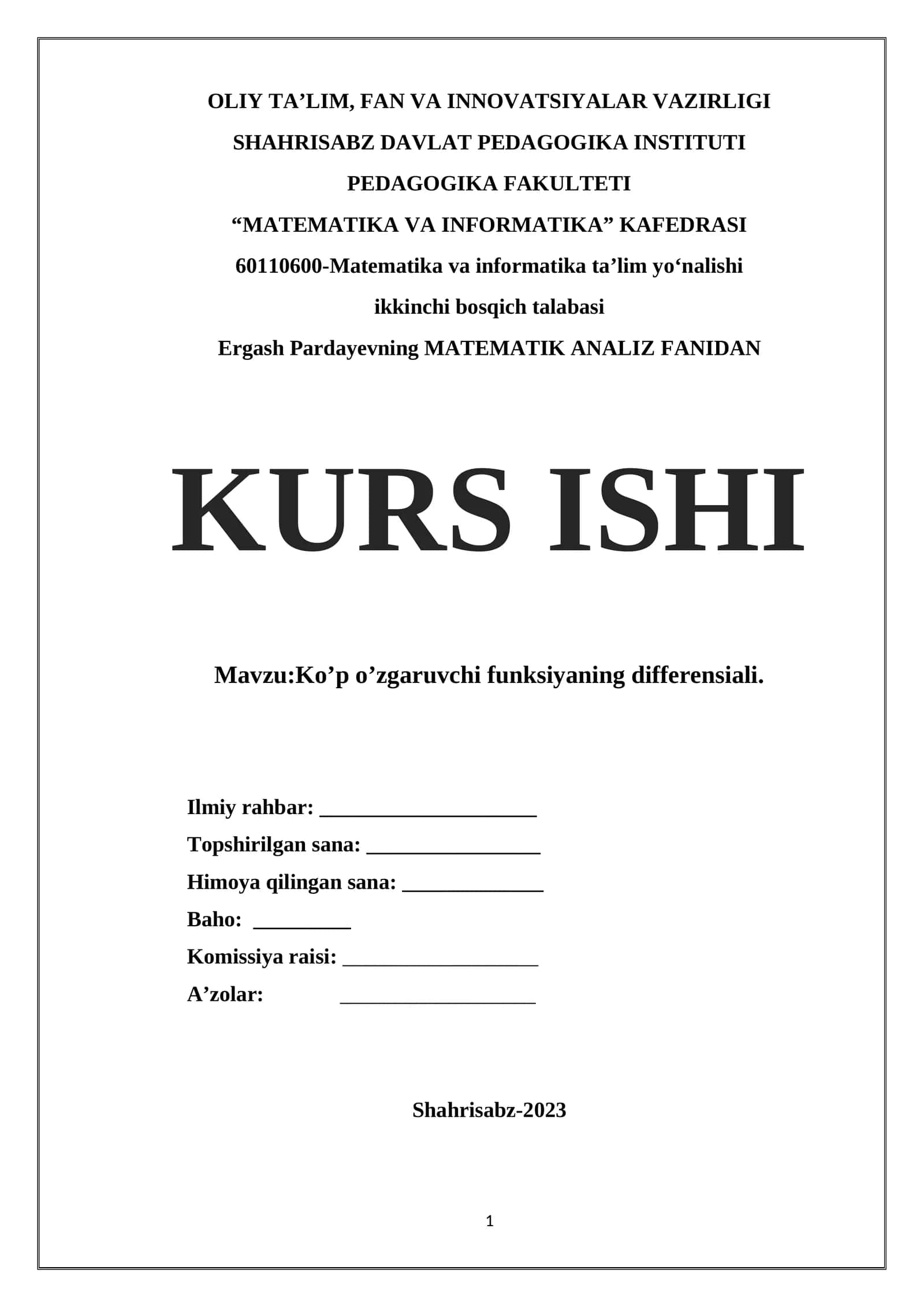 Matematika va informatika ta’lim yo‘nalishi kurs ishi 1