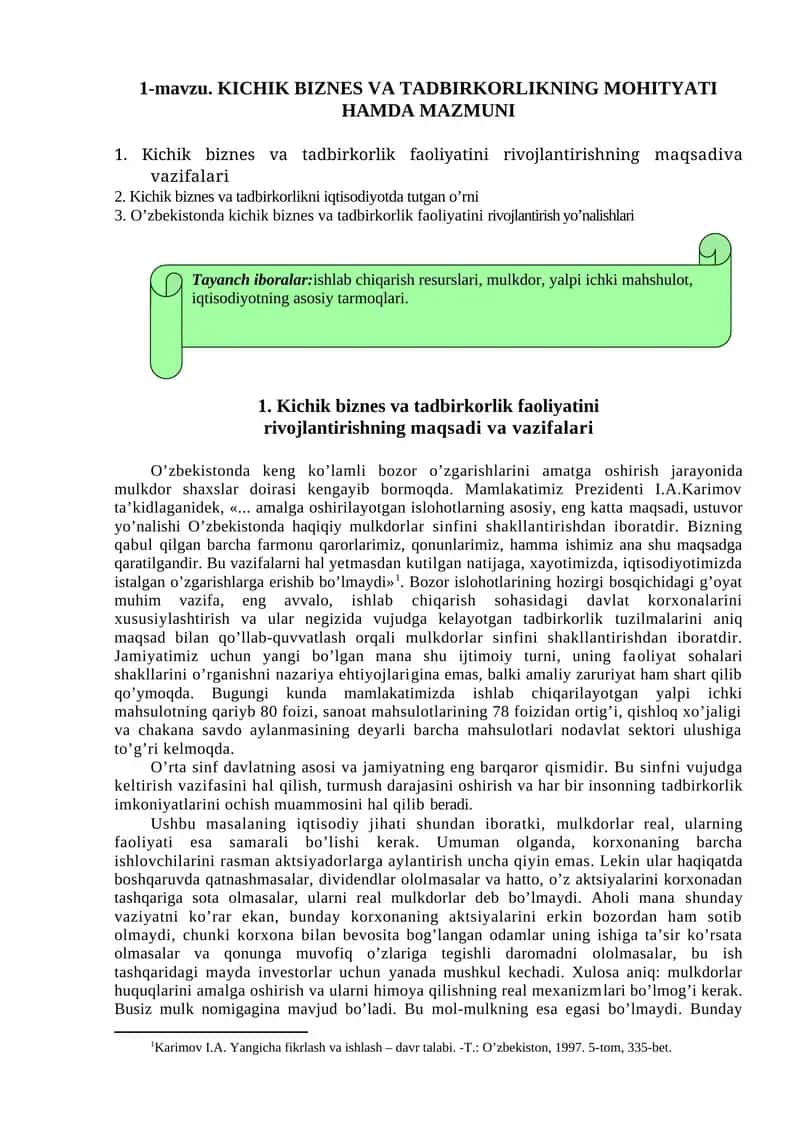 Kichik biznes va tadbirkorlikning mohiyati 1