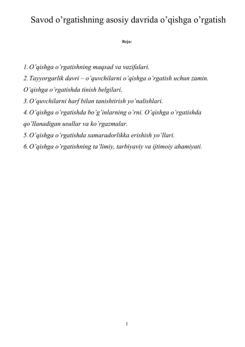 Savod o’rgatishning asosiy davrida o’qishga o’rgatish 1