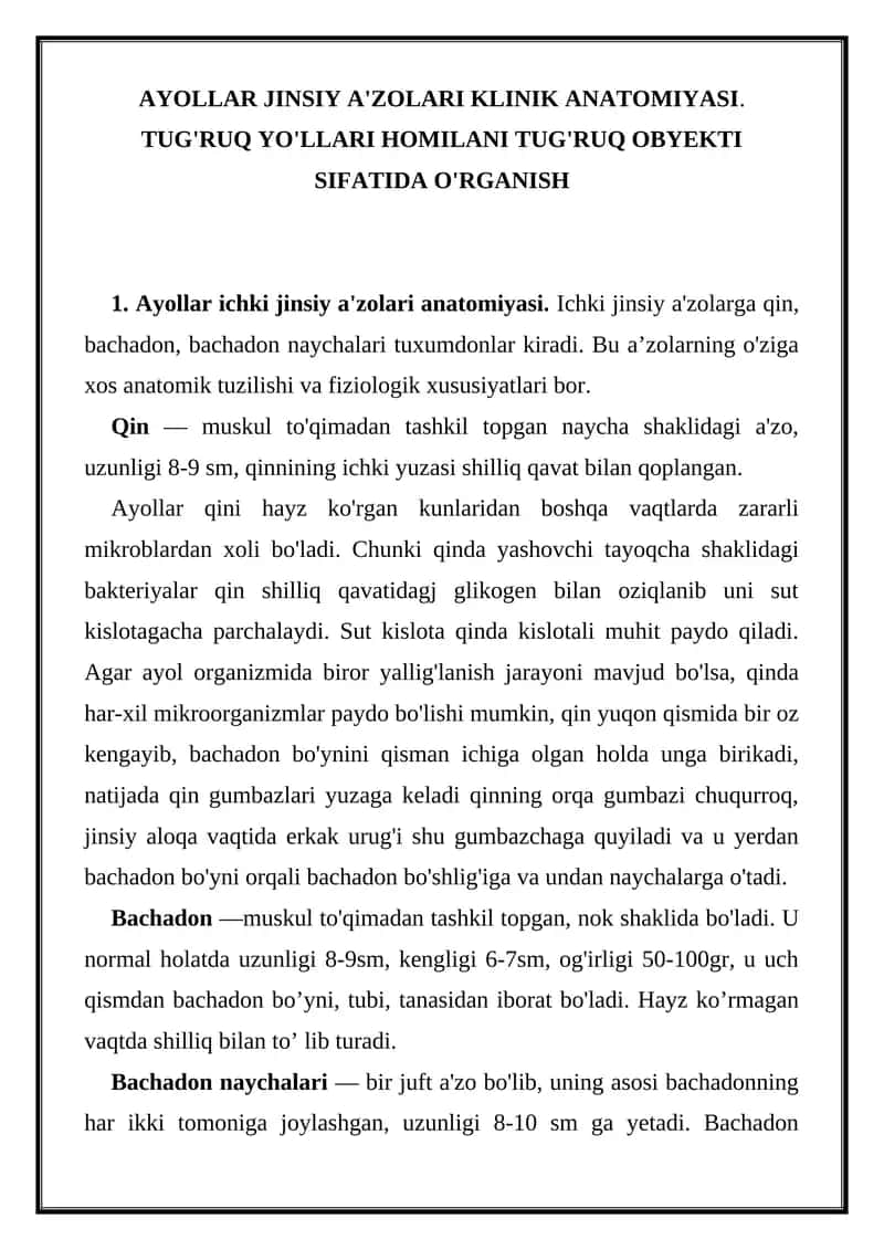 AYOLLAR JINSIY A'ZOLARI KLINIK ANATOMIYASI 1