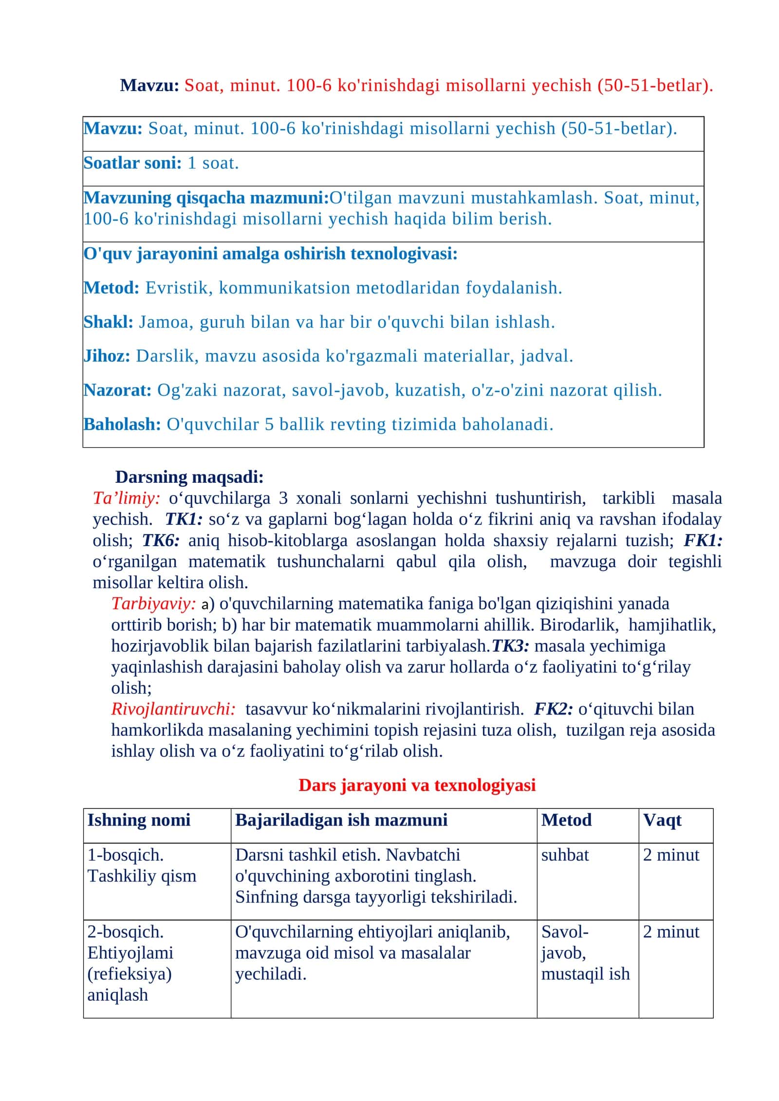 Soat, minut. 100-6 ko'rinishdagi misollarni yechish (50-51-betlar) 1