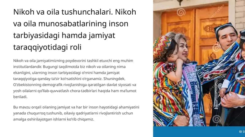 Nikoh va oila tushunchalari. Nikoh va oila munosabatlarining inson tarbiyasidagi hamda jamiyat taraqqiyotidagi roli 1