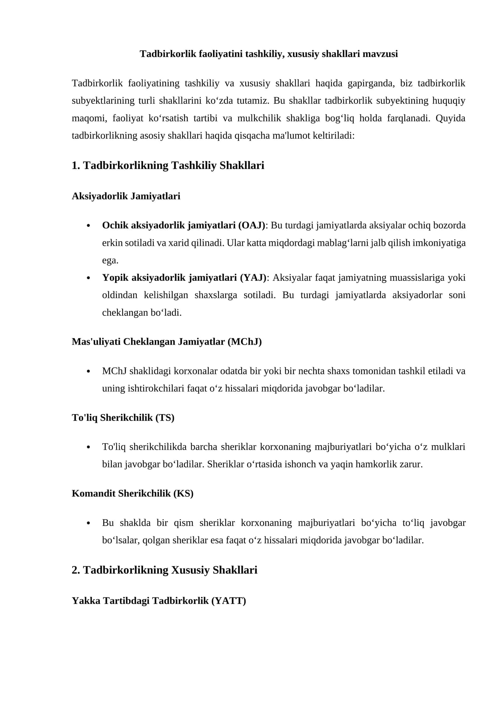 Tadbirkorlik faoliyatini tashkiliy, xususiy shakllari mavzusi 1