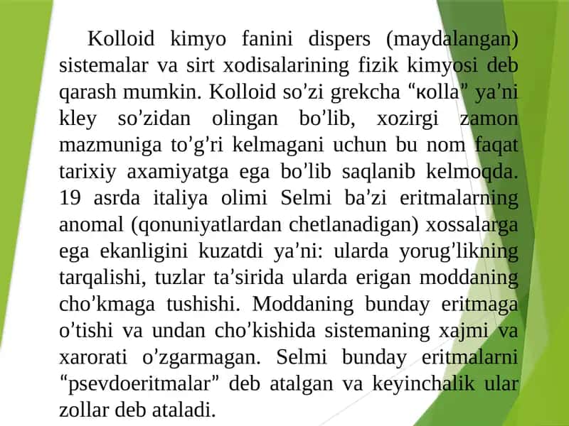 Kolloid kimyo fanini dispers (maydalangan) sistemalar va sirt xodisalarining fizik kimyosi 1