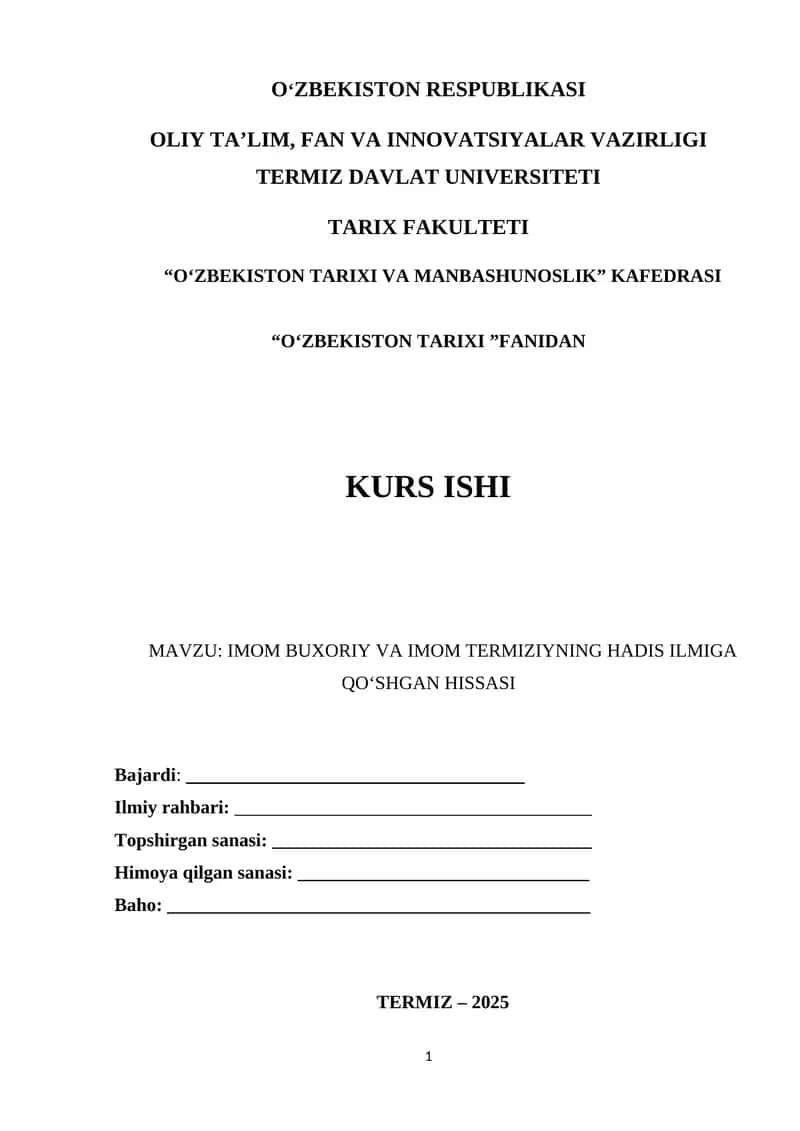 IMOM BUXORIY VA IMOM TERMIZIYNING HADIS ILMIGA QOʻSHGAN HISSASI 1