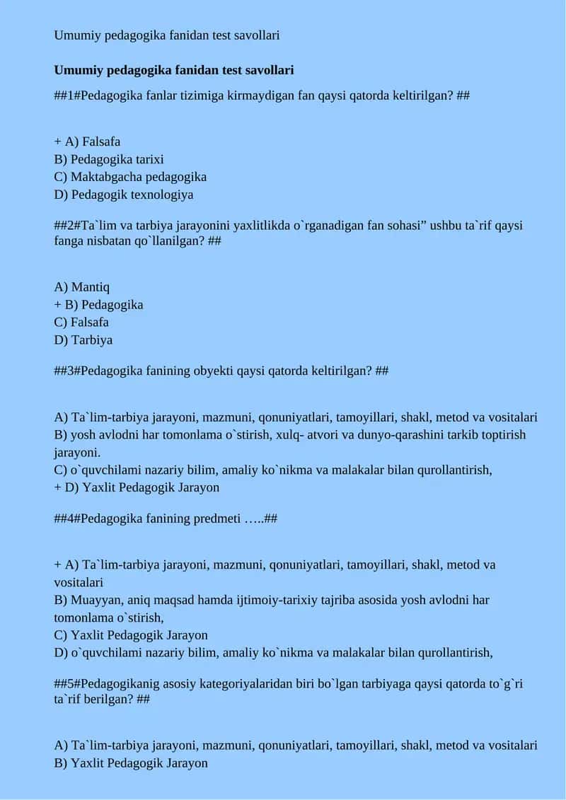 Umumiy pedagogika fanidan test savollari 1