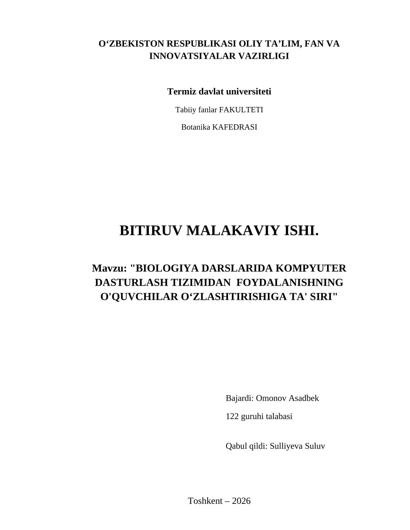 Biologiya darslarida kompyuter dasturlash tizimidan  foydalanishning  o'quvchilar oʻzlashtirishiga ta' siri 1