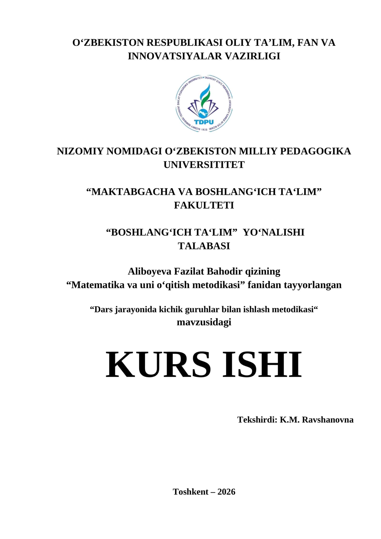 Dars jarayonida kichik guruhlar bilan ishlash metodikasi 1