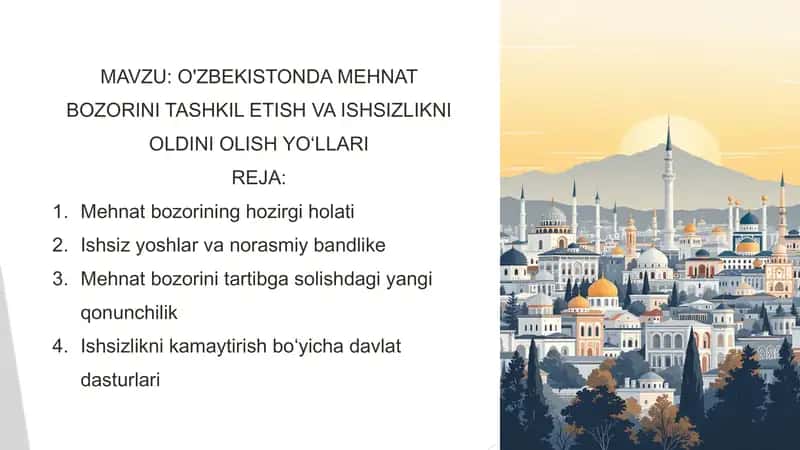 O'ZBEKISTONDA MEHNAT BOZORINI TASHKIL ETISH VA ISHSIZLIKNI OLDINI OLISH YO‘LLARI 1