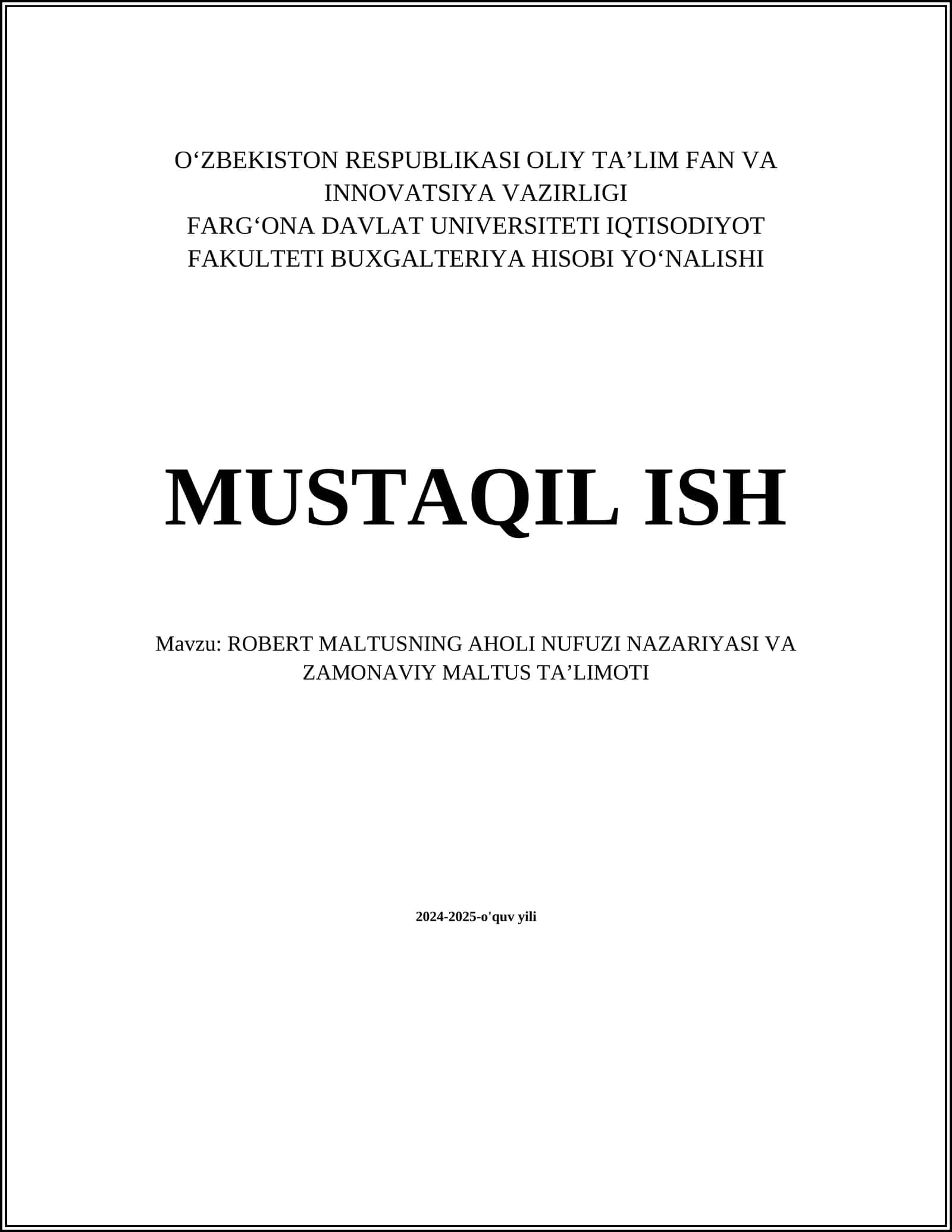ROBERT MALTUSNING AHOLI NUFUZI NAZARIYASI VA ZAMONAVIY MALTUS TAʼLIMOTI 1