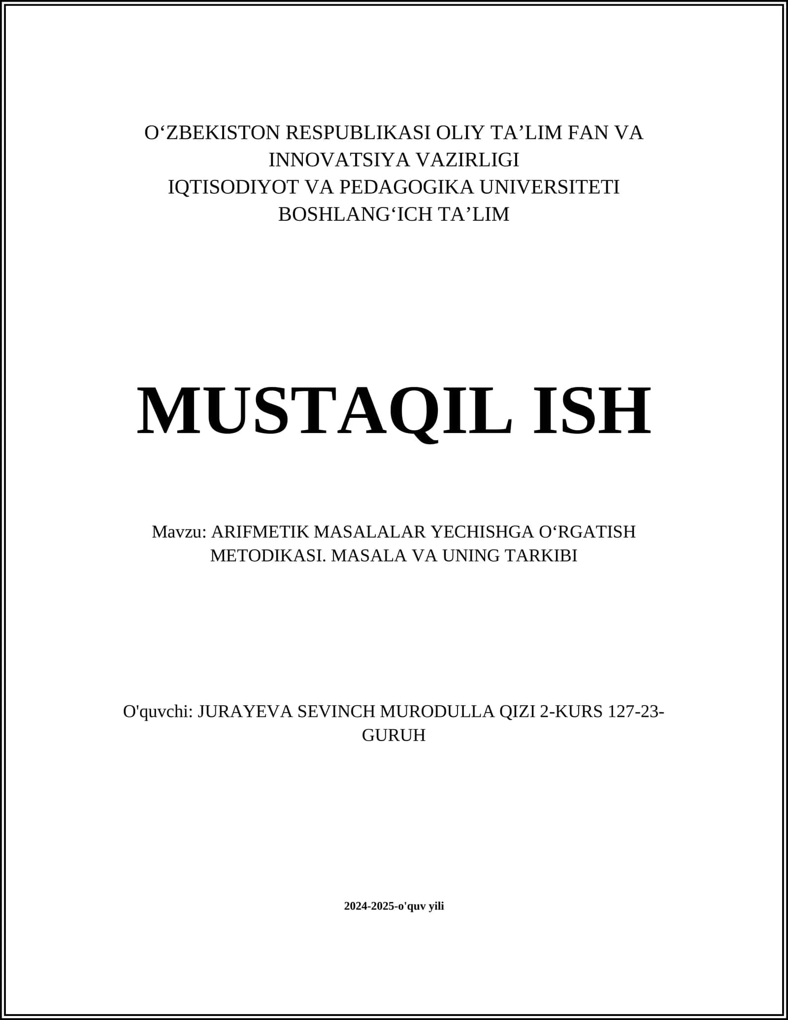ARIFMETIK MASALALAR YECHISHGA OʻRGATISH METODIKASI 1