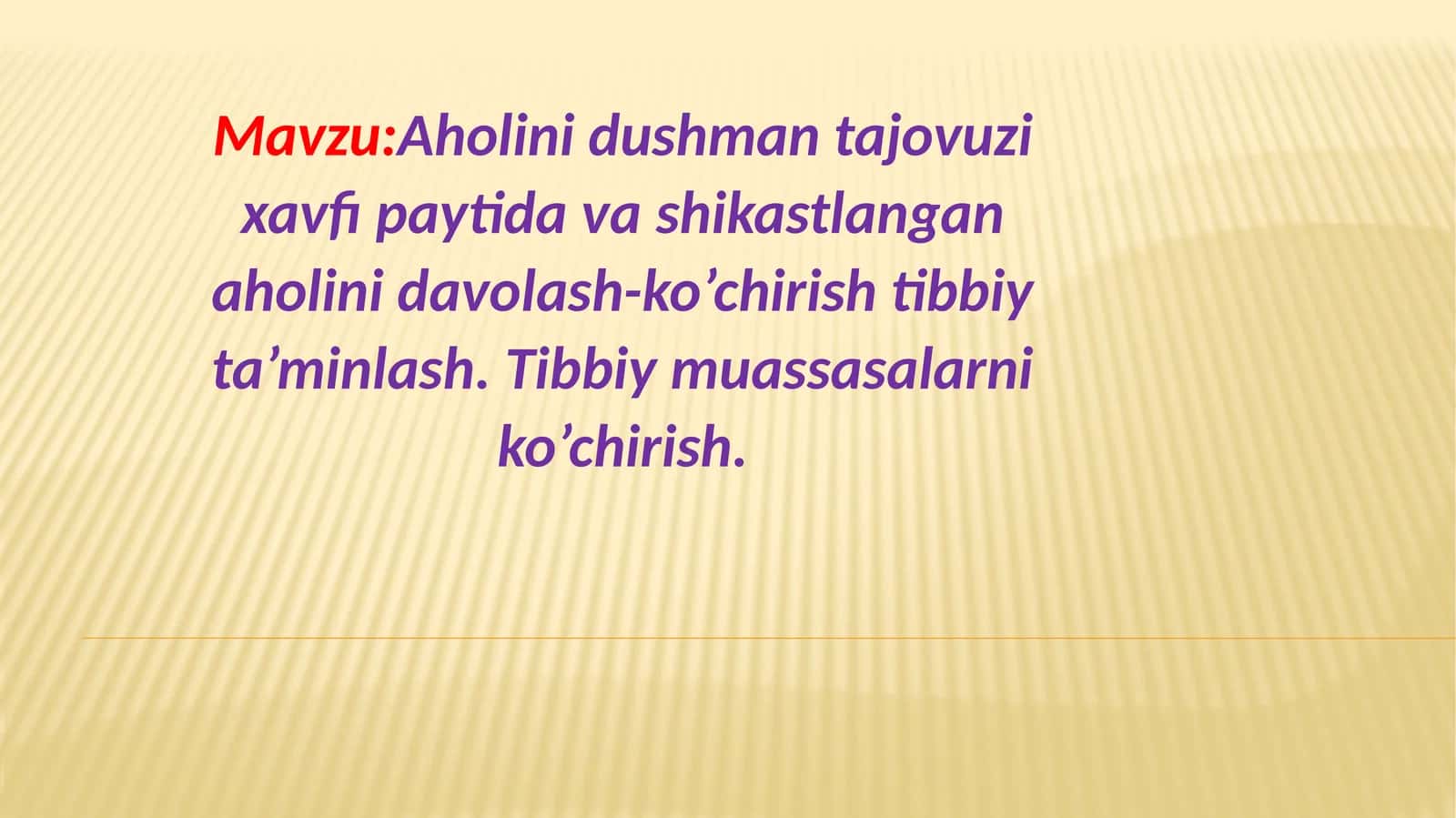 Aholini dushman tajovuzi xavfi paytida vashikastlanganaholini davolash-ko’chirish tibbiy ta’minlash. Tibbiy muassasalarni ko’chirish 1