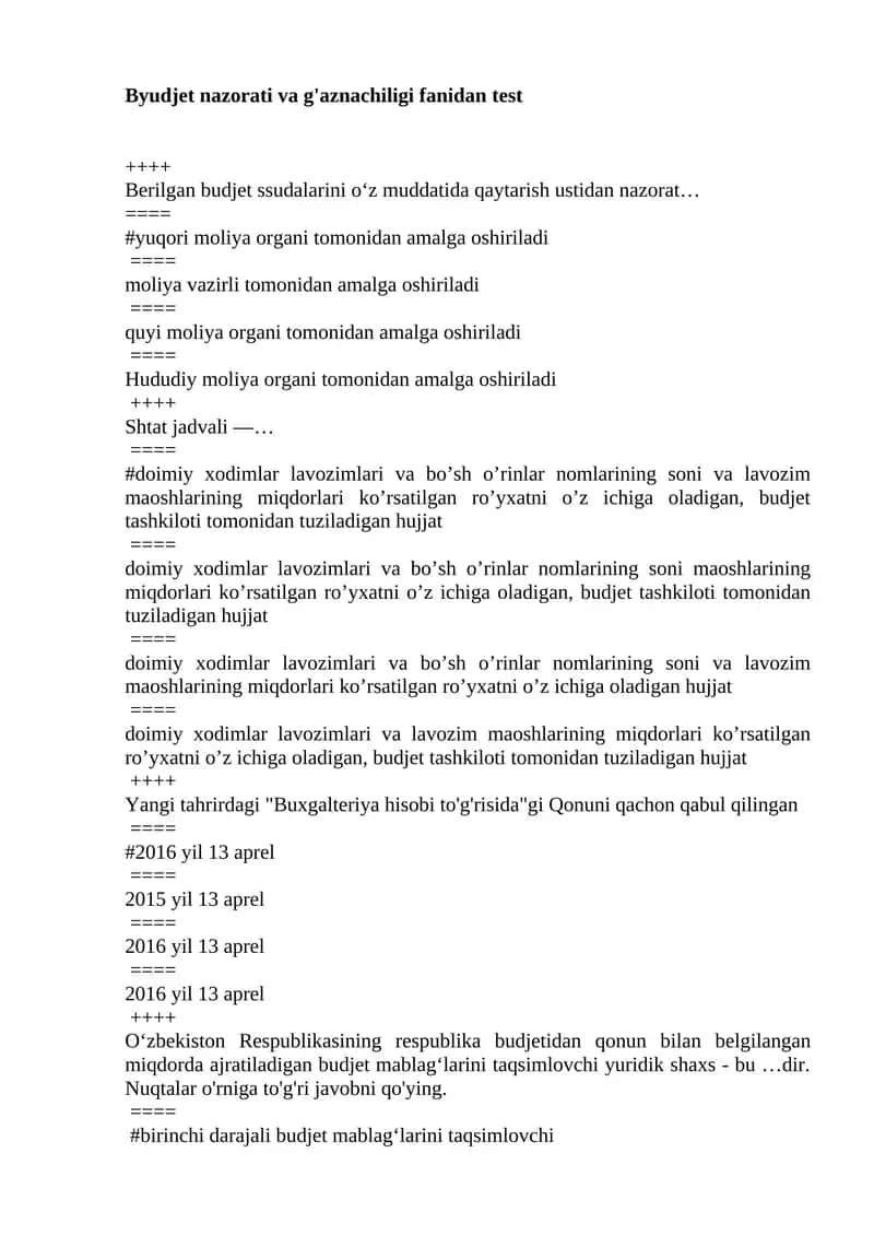 Byudjet nazorati va g'aznachiligi fanidan yakuniy test 1