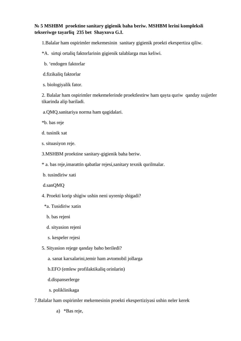 № 5 MSHBM proektine sanitary gigienik baha beriw. MSHBM lerini kompleksli tekseriwge tayarliq 1
