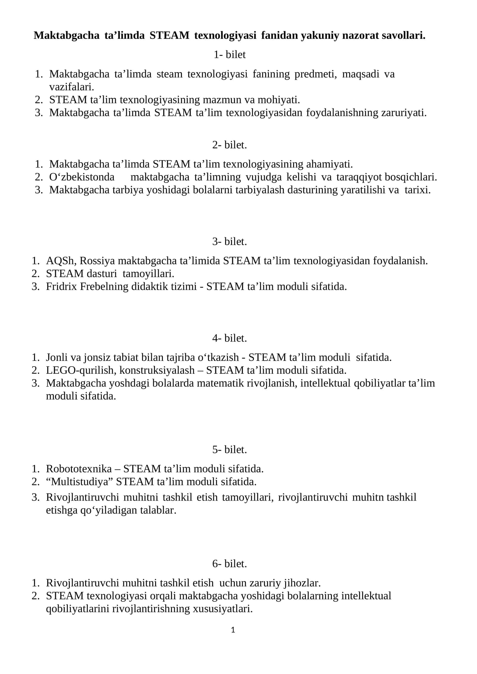 Maktabgacha ta’limda STEAM texnologiyasi fanidan yakuniy nazorat savollari 1