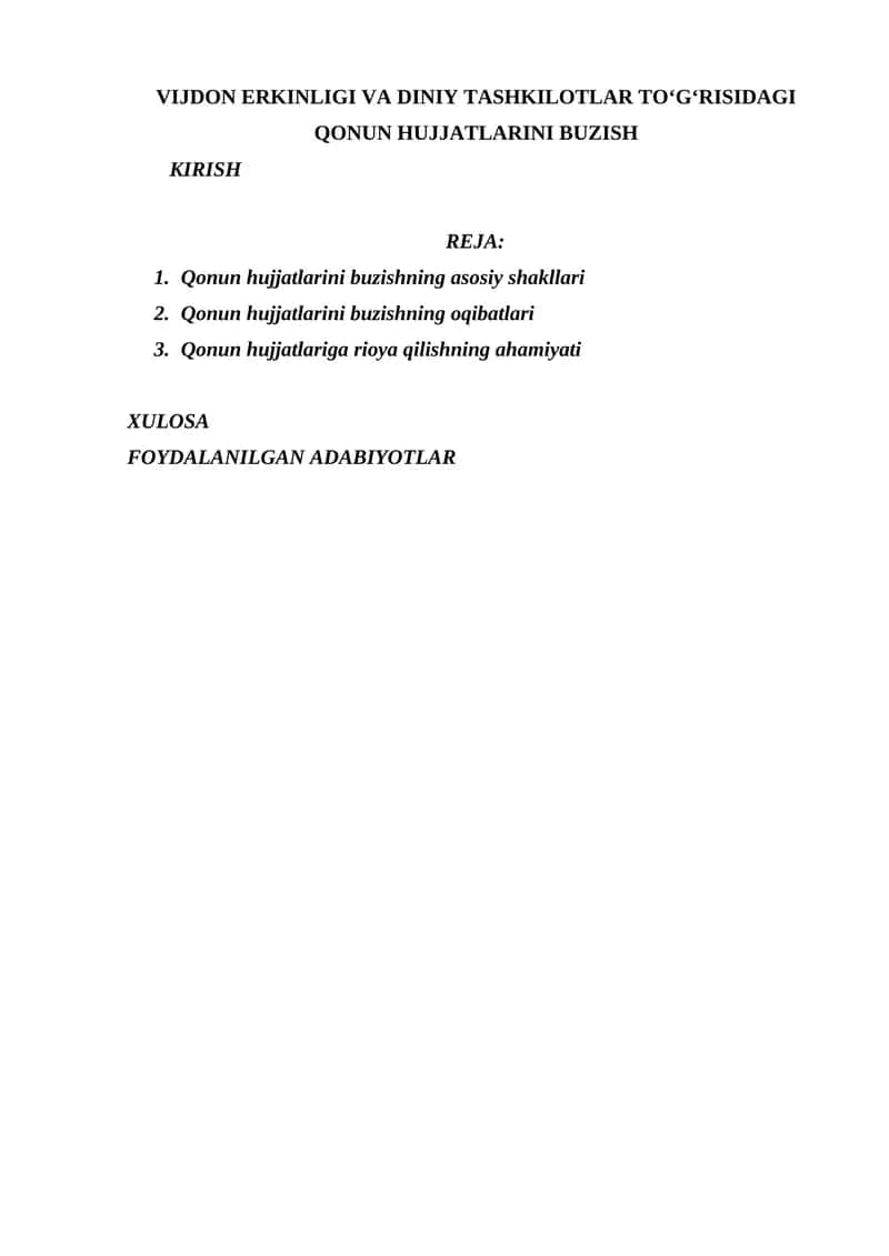 VIJDON ERKINLIGI VA DINIY TASHKILOTLAR TOʻGʻRISIDAGI QONUN HUJJATLARINI BUZISH 1
