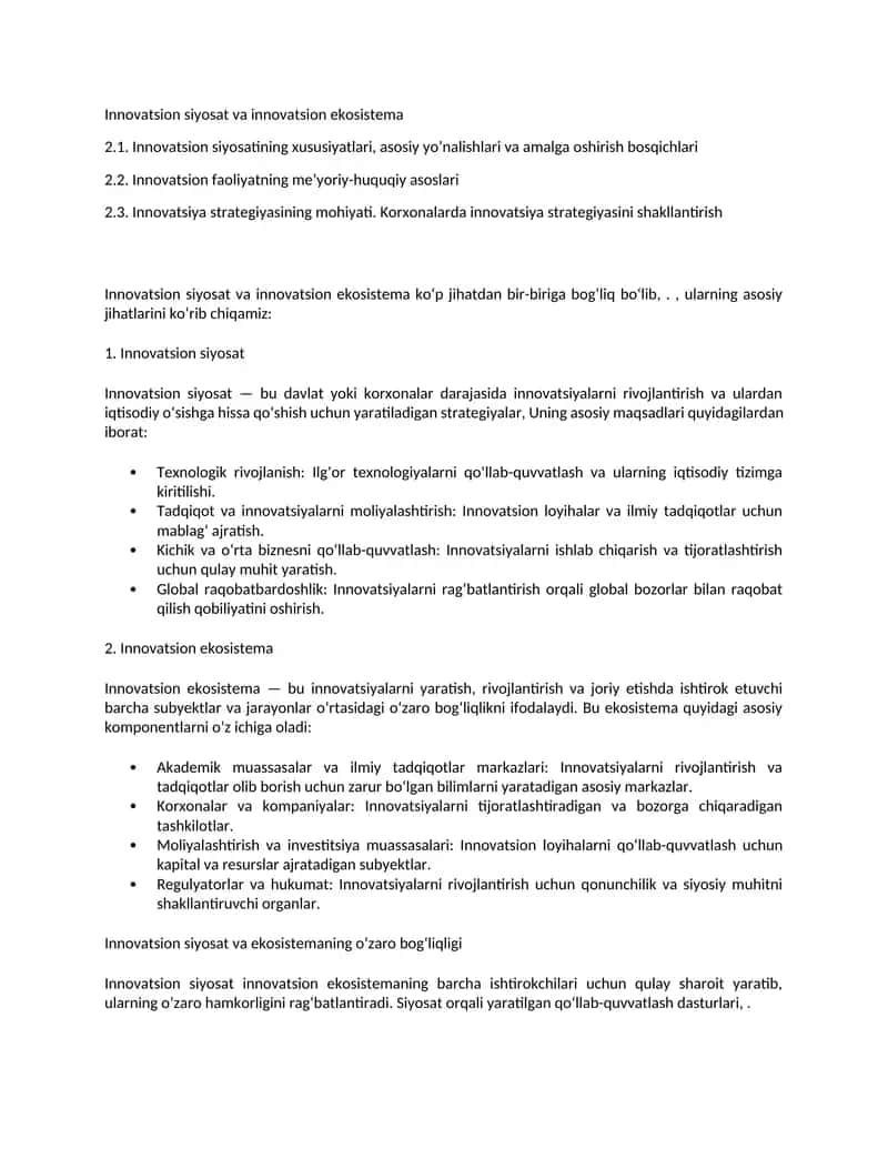 Innovatsion siyosat va innovatsion ekosistema 1