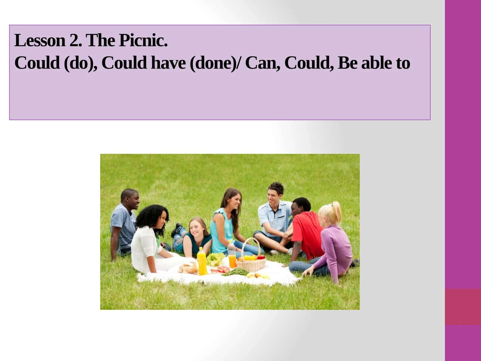 Lesson 2. The Picnic.Could (do), Could have (done)/ Can, Could, Be able to 1