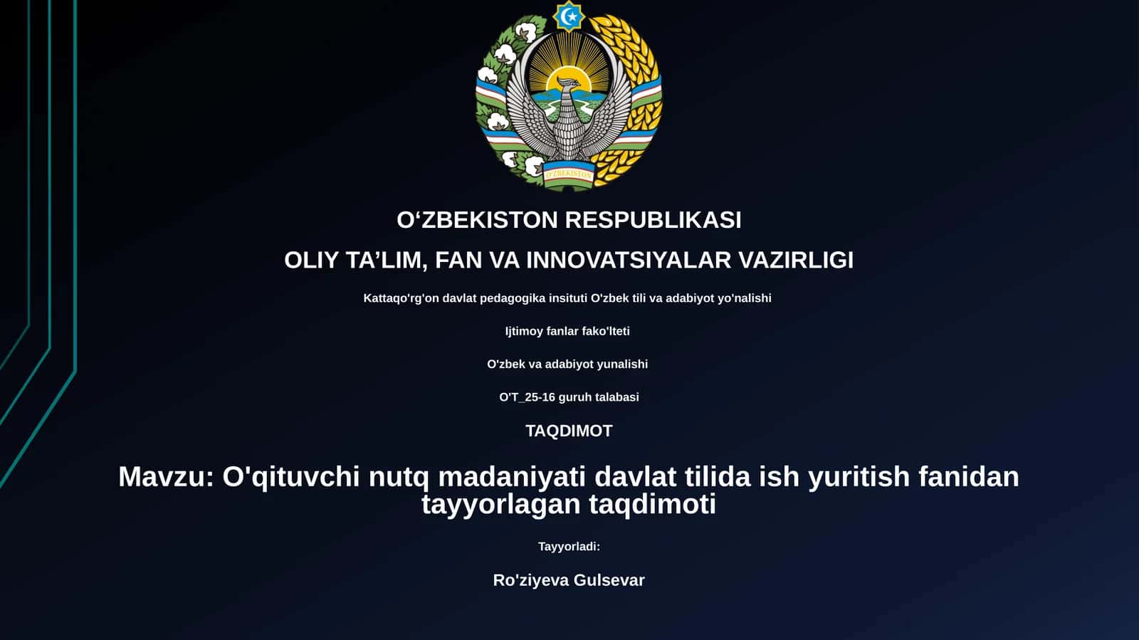 O'qituvchi nutq madaniyati davlat tilida ish yuritish fanidan tayyorlagan taqdimoti 1