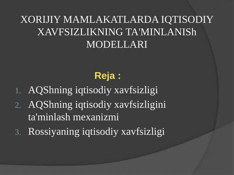 XORIJIY MAMLAKATLARDA IQTISODIY XAVFSIZLIKNINGTA'MINLANIShMODELLARI 1