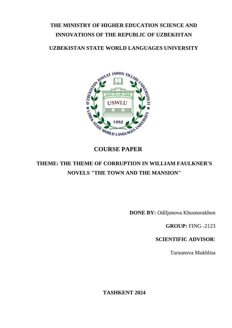 The theme of corruption in William Faulkner's novels "The Town and The Mansion" 1