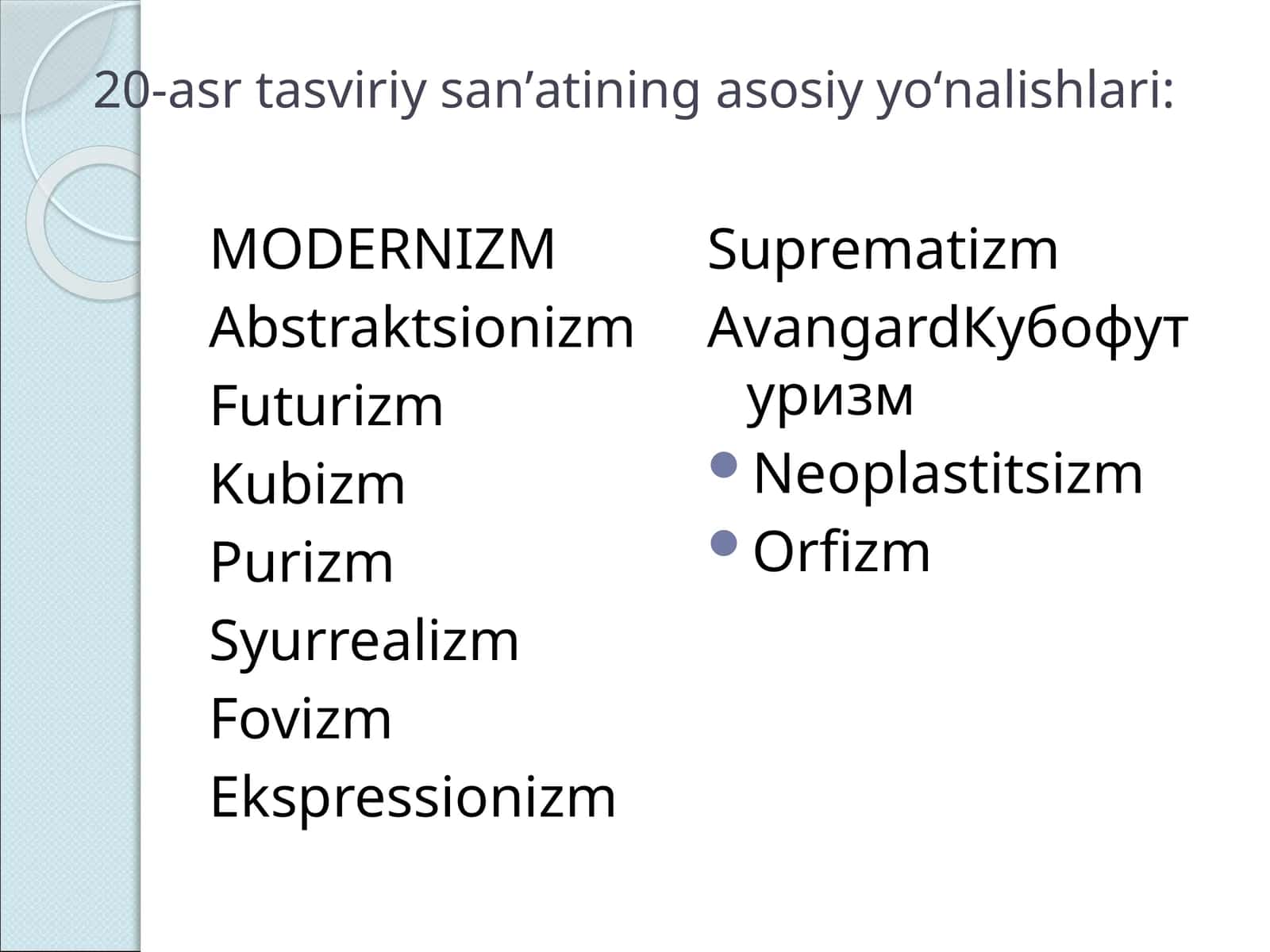 20-asr tasviriy sanʼatining asosiy yoʻnalishlari 1
